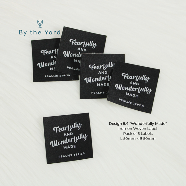 Wonderfully Made (Black) - Pack of 5 IRON-ON Christian Woven Labels