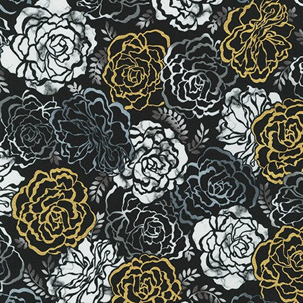 Robert Kaufman Silverstone Metallic Peonies Onyx