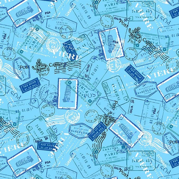 Michael Miller Fabrics Wanderlust Globetrotter Blue Stamps